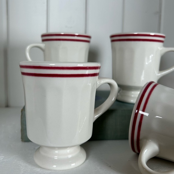 4 Syracuse China Pedestal Mugs with Red Bands - Vintage Restaurant Ware ☕️❤️ - Picture 5 of 10
